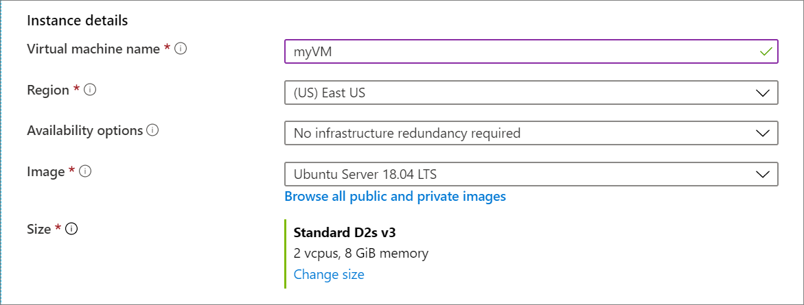 Screenshot of the Instance details section where you provide a name for the virtual machine and select its region, image and size